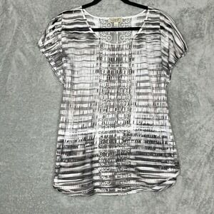One World XL Top Shirt Gray Striped Cap Short Sleeve Scoop Neck Sheer Womens